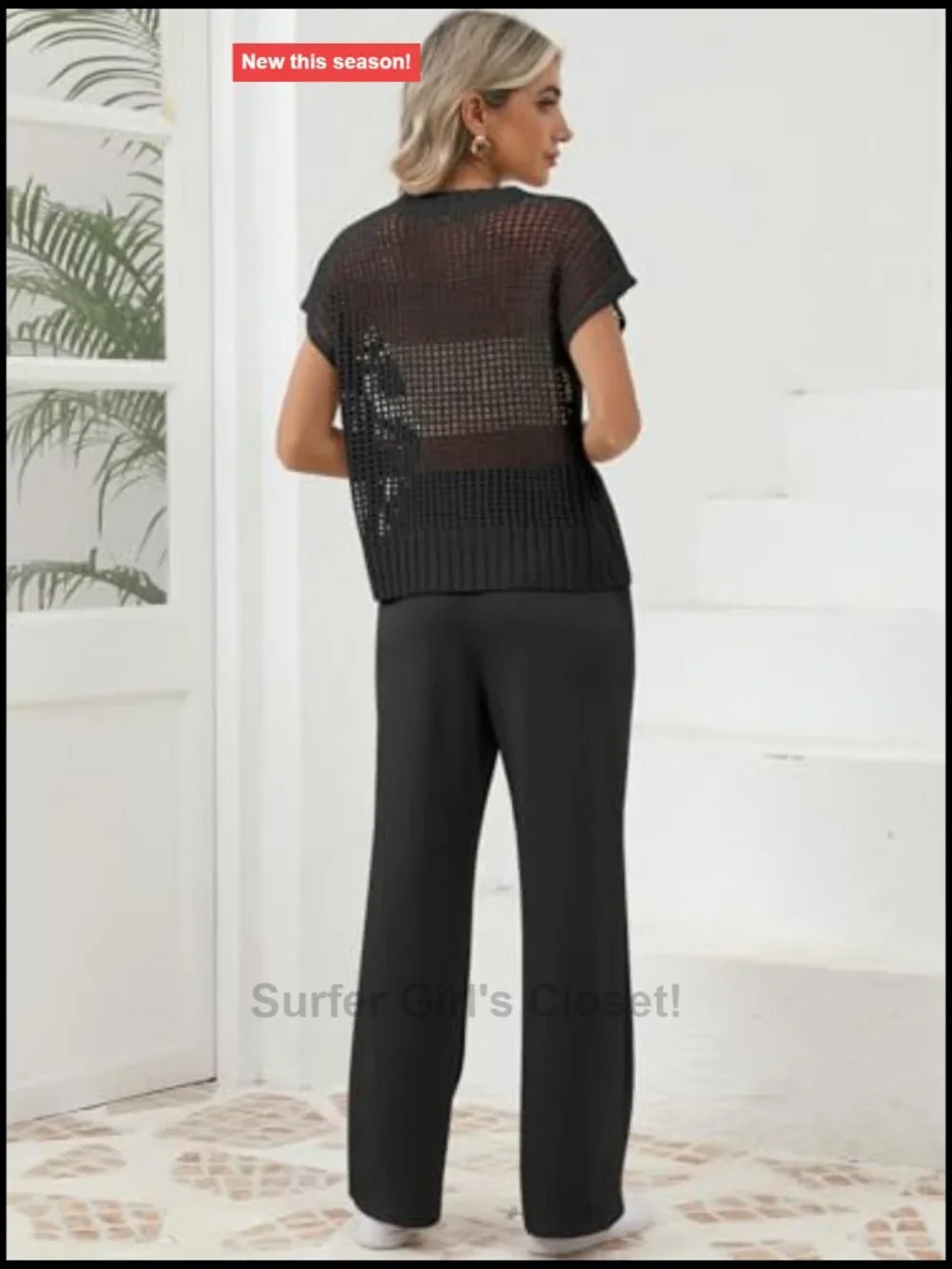 Crochet Sheer Knit Two Piece Lounge Set Wide Leg Pants Tracksuit